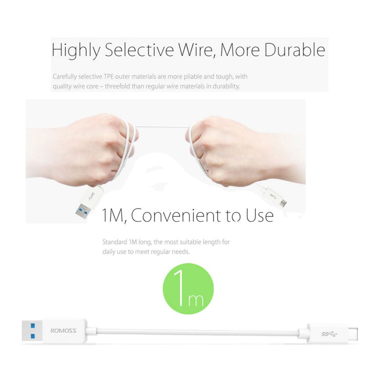 ROMOSS CB31 Type-C 1 m 3.0 High Speed USB Cable Charge Sync up to 5GBPS for OnePlus 2 and Smartphone/New MacBook