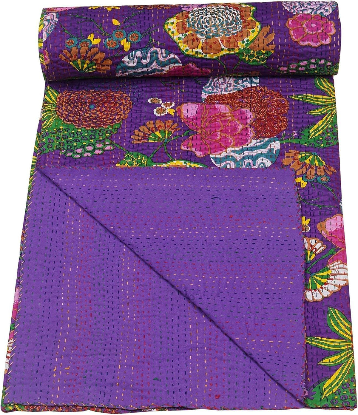 Purple Kantha Quilt Handmade Cotton Blanket | Floral Indian Bedspread for Home Decor