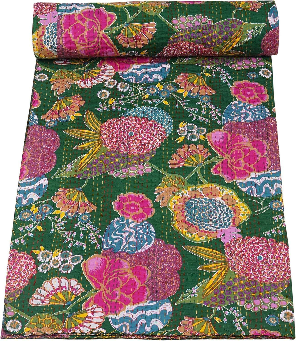 Green Floral Kantha Quilt – Handmade Indian Cotton Blanket, Reversible Vintage Kantha Throw, Lightweight Bedding