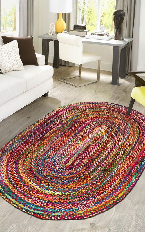 Handmade Multi-Color Oval Braided Cotton Rug - Vibrant Bohemian Style Area Rug