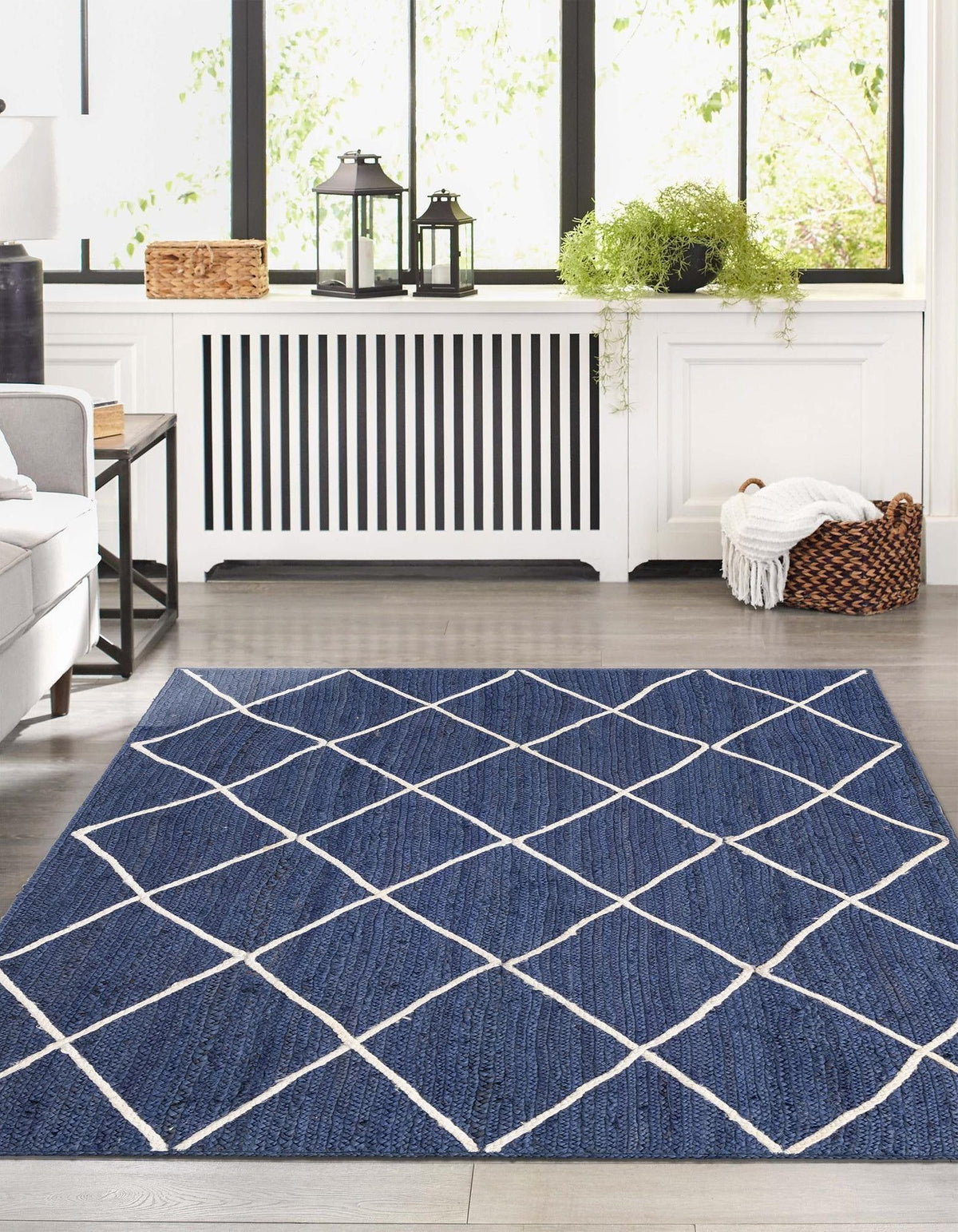 Blue Geometric Natural Jute Area Rug with White Diamond Pattern | Floor Carpet & Bedside Rug