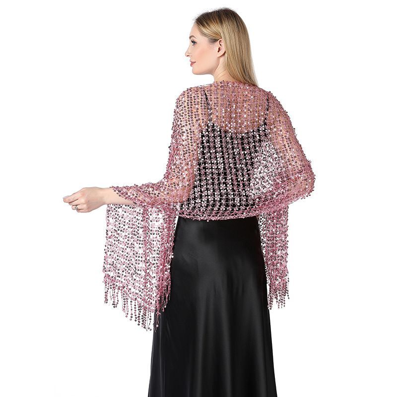 Black Gold Sequin Fringe Shawl Wrap for Evening Dress