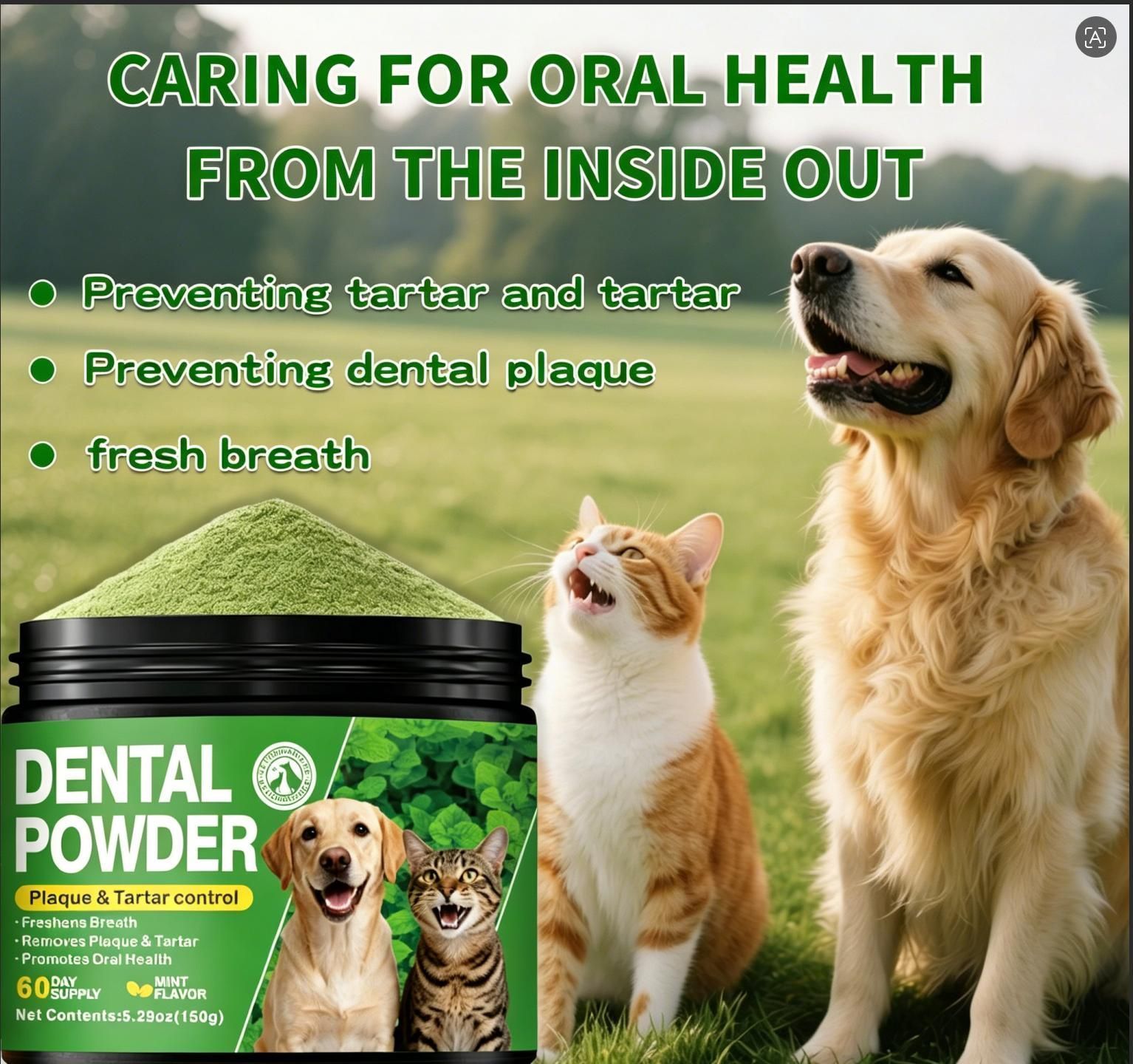 Pet Dental Powder for Dogs & Cats - 150g Mint Flavour - Plaque & Tartar Control, Breath Freshener, Oral Care Supplement