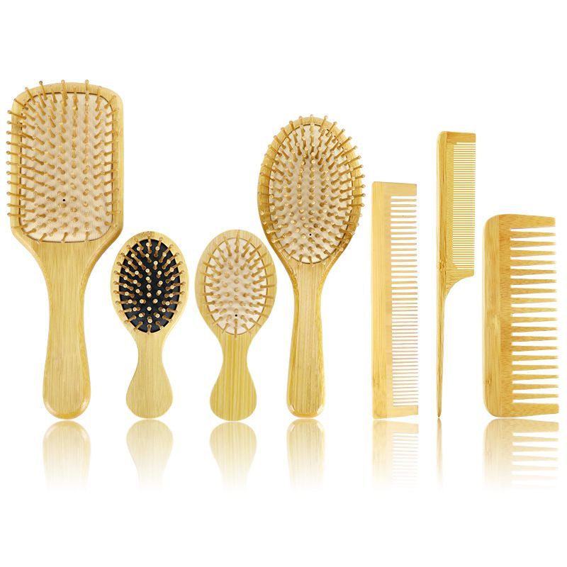 6Pcs Bamboo Hair Brush & Comb Set for Detangling