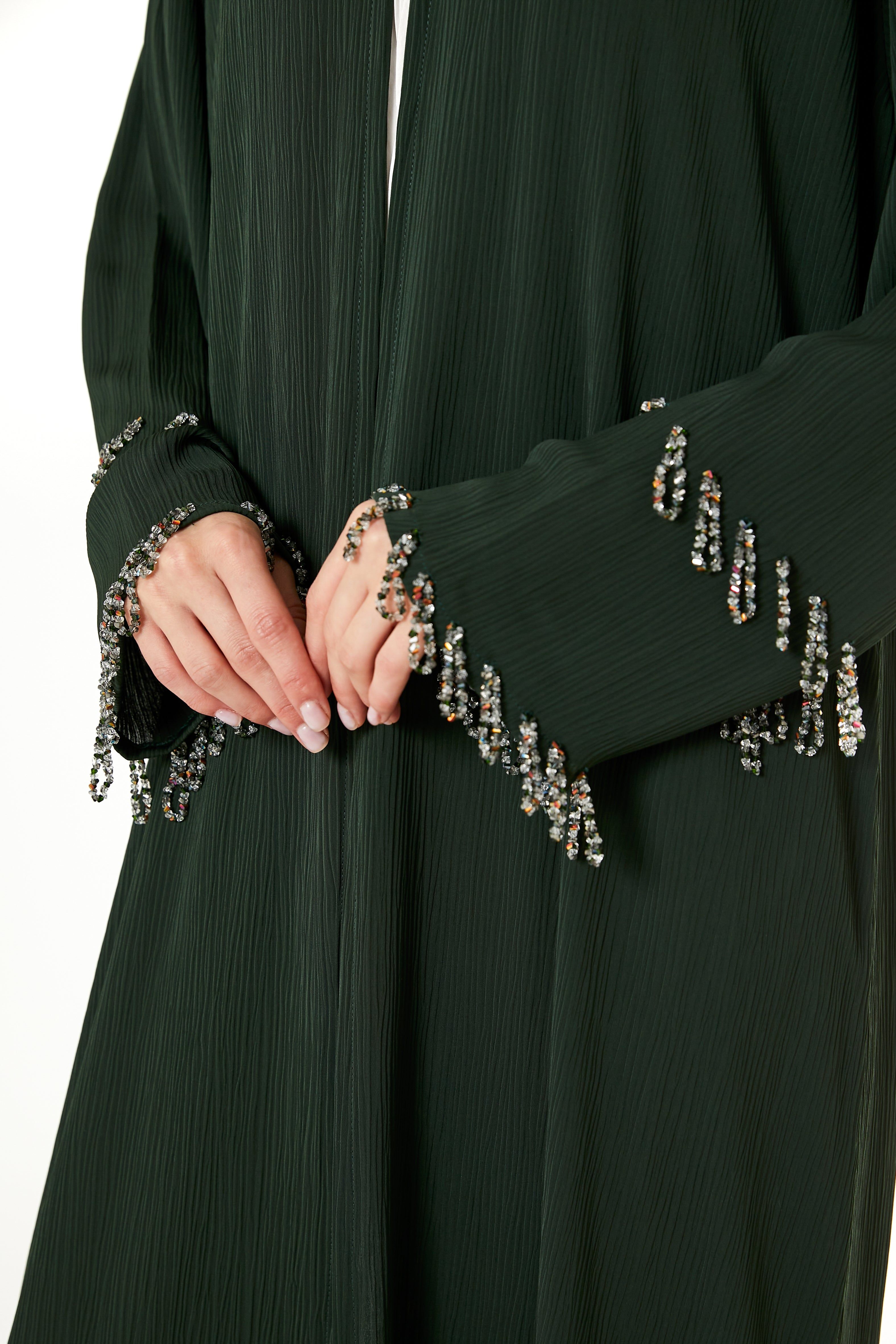 MOiSTREET Dark Green Zoom Hand Embellished Abaya