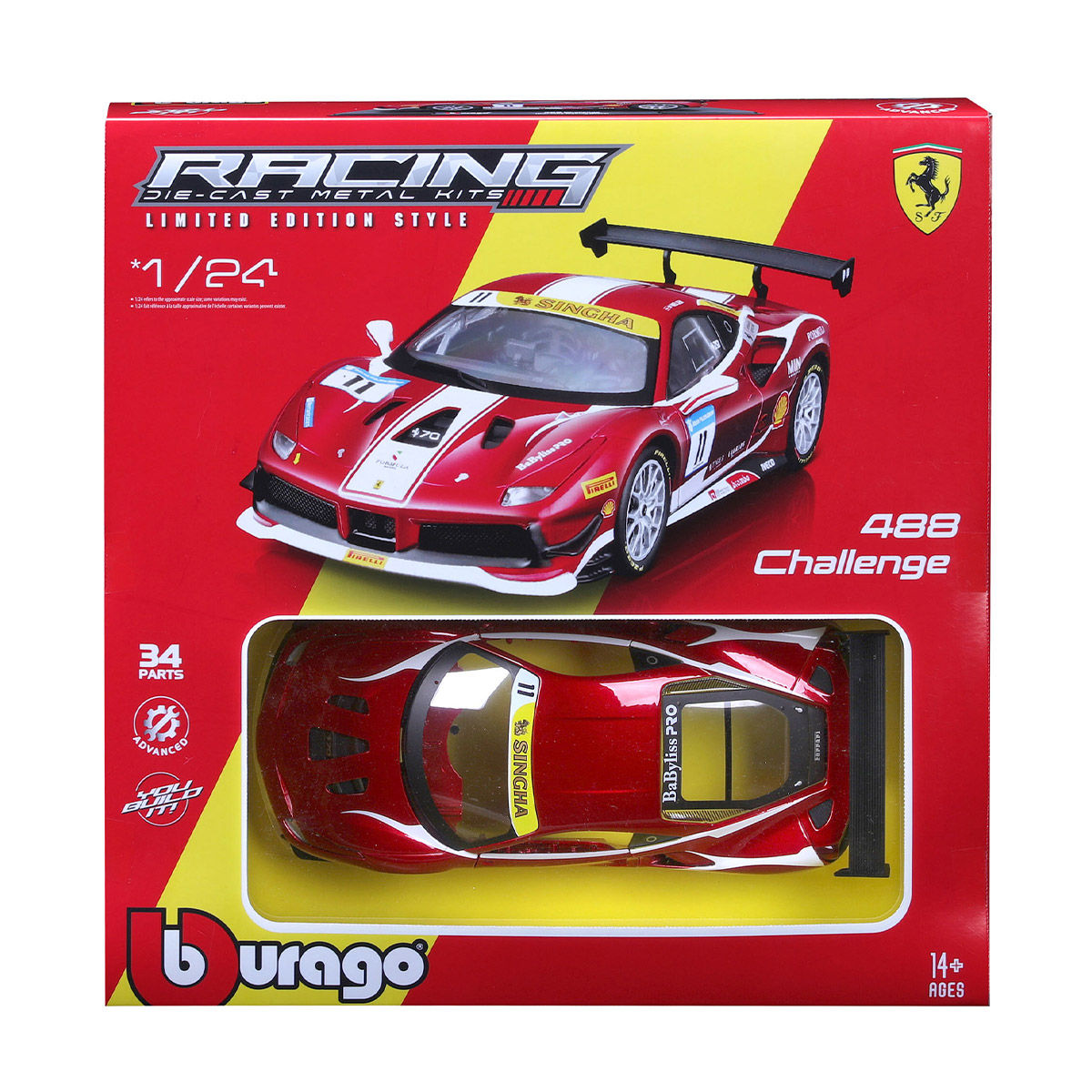 Bburago Racing F1 2017 Ferrari 488 Challenge Die-cast Metal Kit (1:24, 34 Parts, Orange/Black), 14+ years