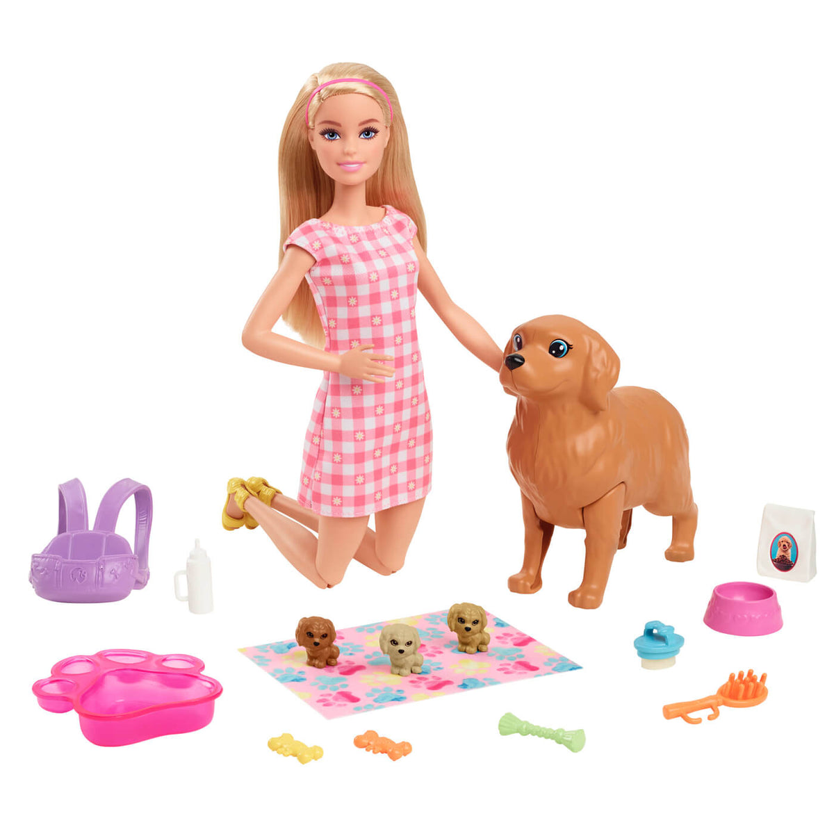 Barbie Doll & Pets Set, Blonde Doll with Mommy Dog, 3 Newborn Puppies, Color-Change Feature & Pet Accessories