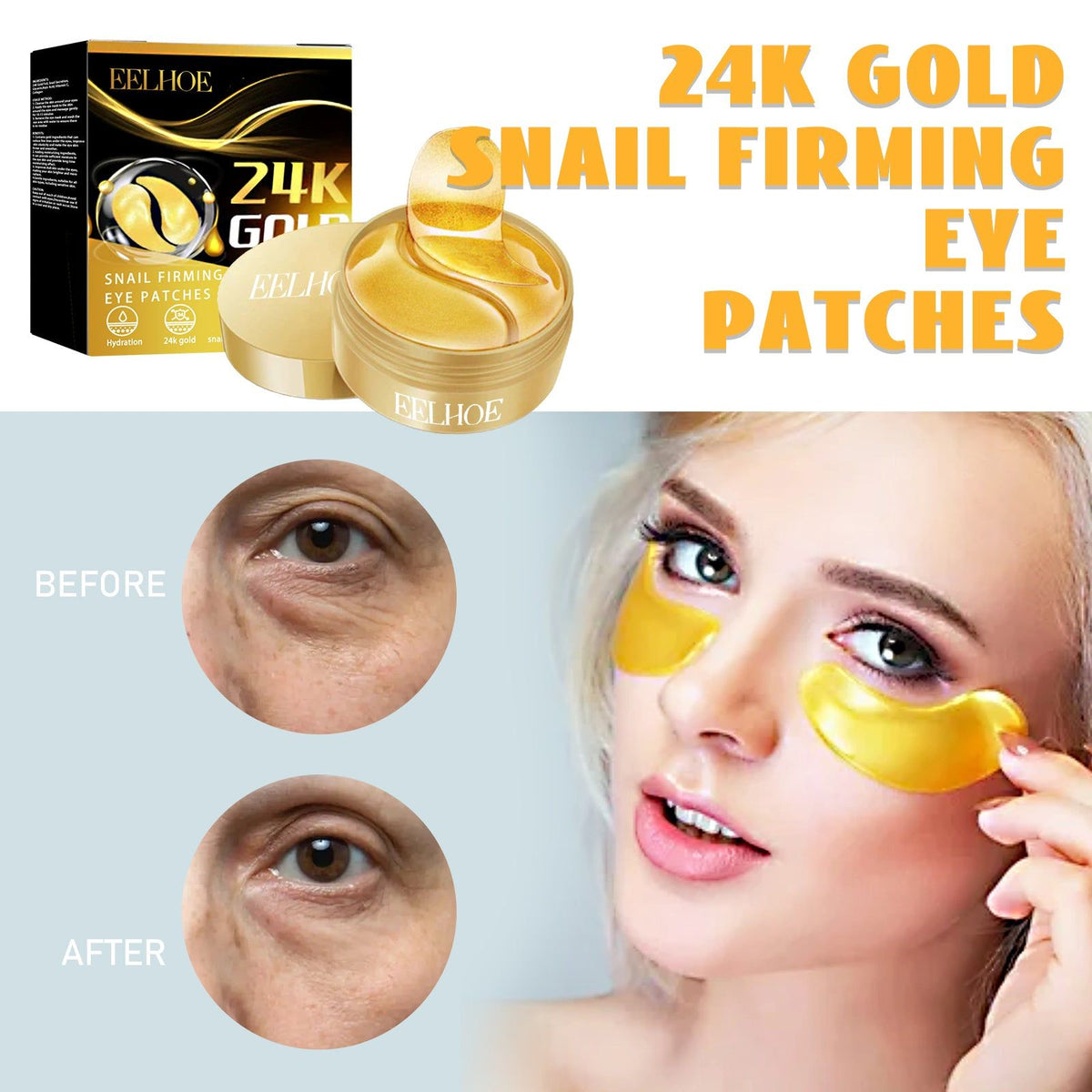 24K Gold Snail Eye Patches, Lift and Tighten Skin, Reduce Wrinkles, Brighten Eyes ,60pcs