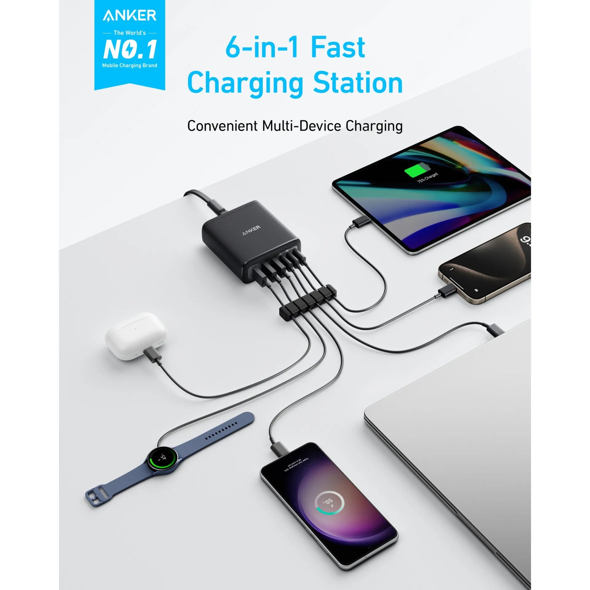 Anker 112W 6-Port GaN Charging Station, 3 USB-C + 3 USB-A Multi-Device Fast Charger