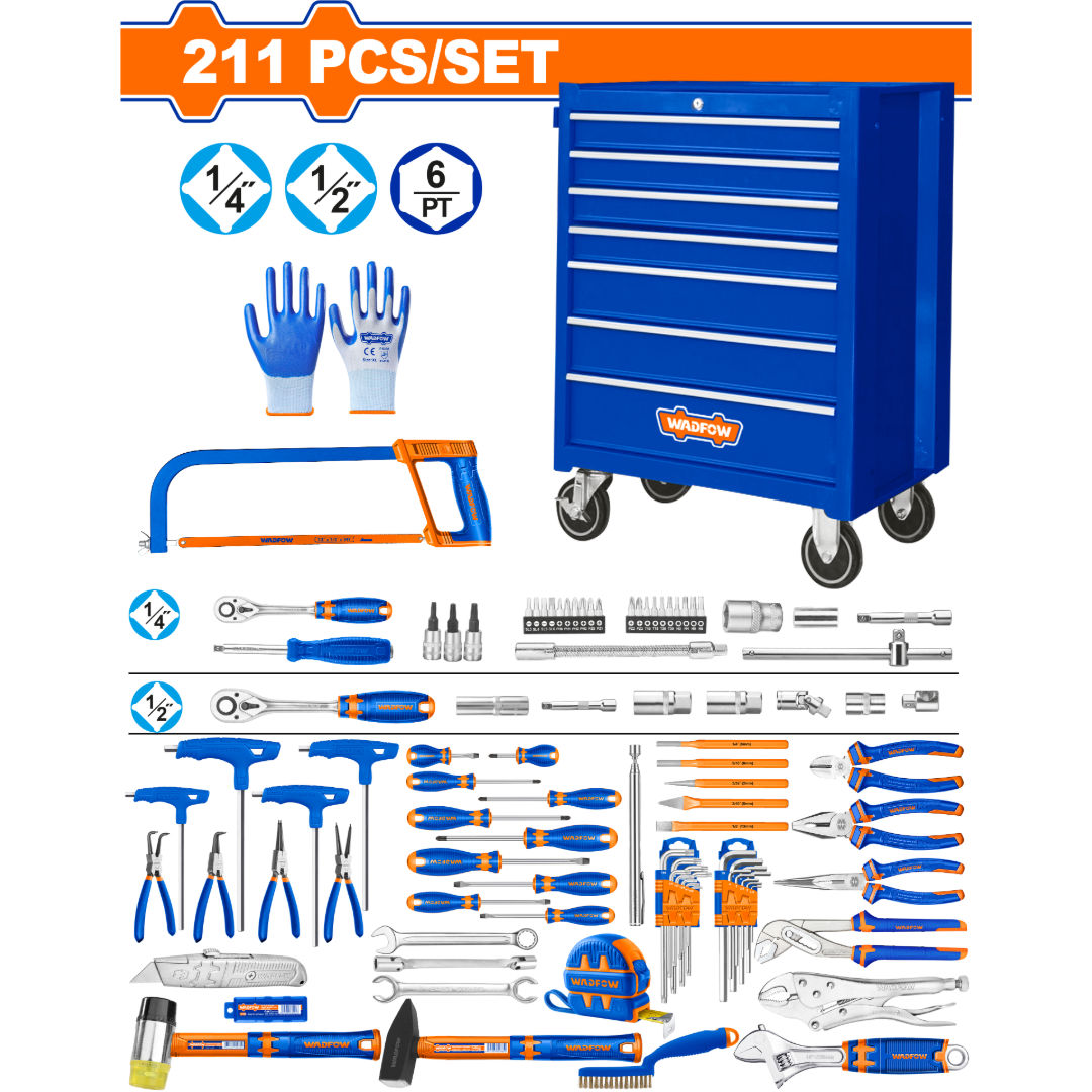 WADFOW 211 Piece Tool Chest Set, 7-Drawer Steel Cabinet on Casters with Full Mechanics Tool Kit