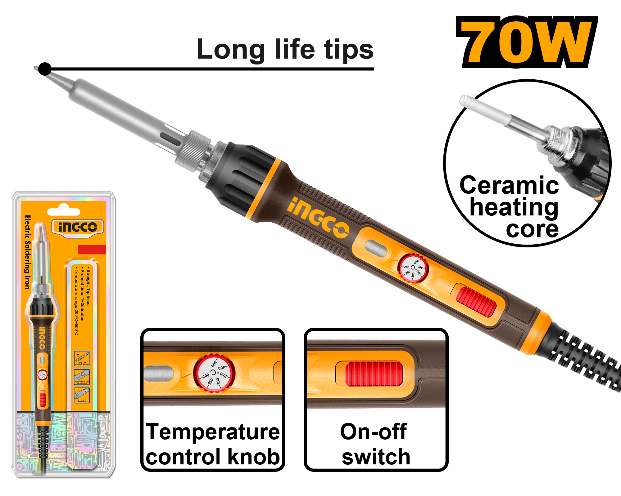 INGCO Electric Soldering Iron 70W Adjustable Temperature