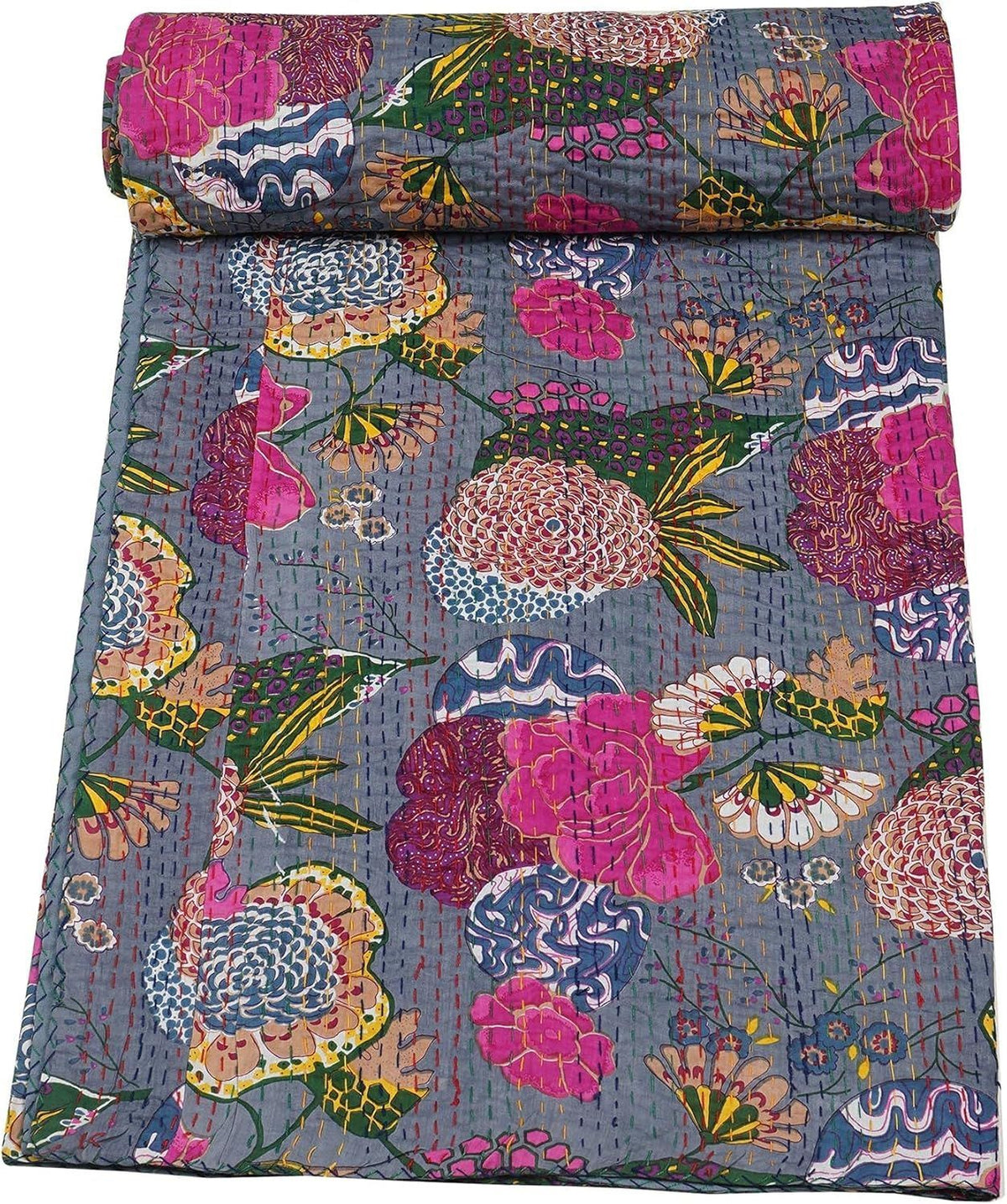 Grey Floral Kantha Quilt Cotton Bedspread | Handmade Indian Lightweight Bedding