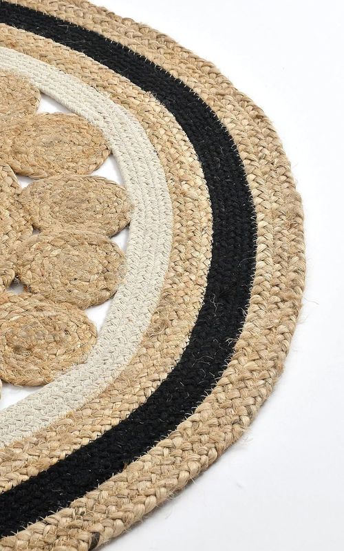 Round Jute Rug with Black & White Pattern | Handmade Designer Area Rug