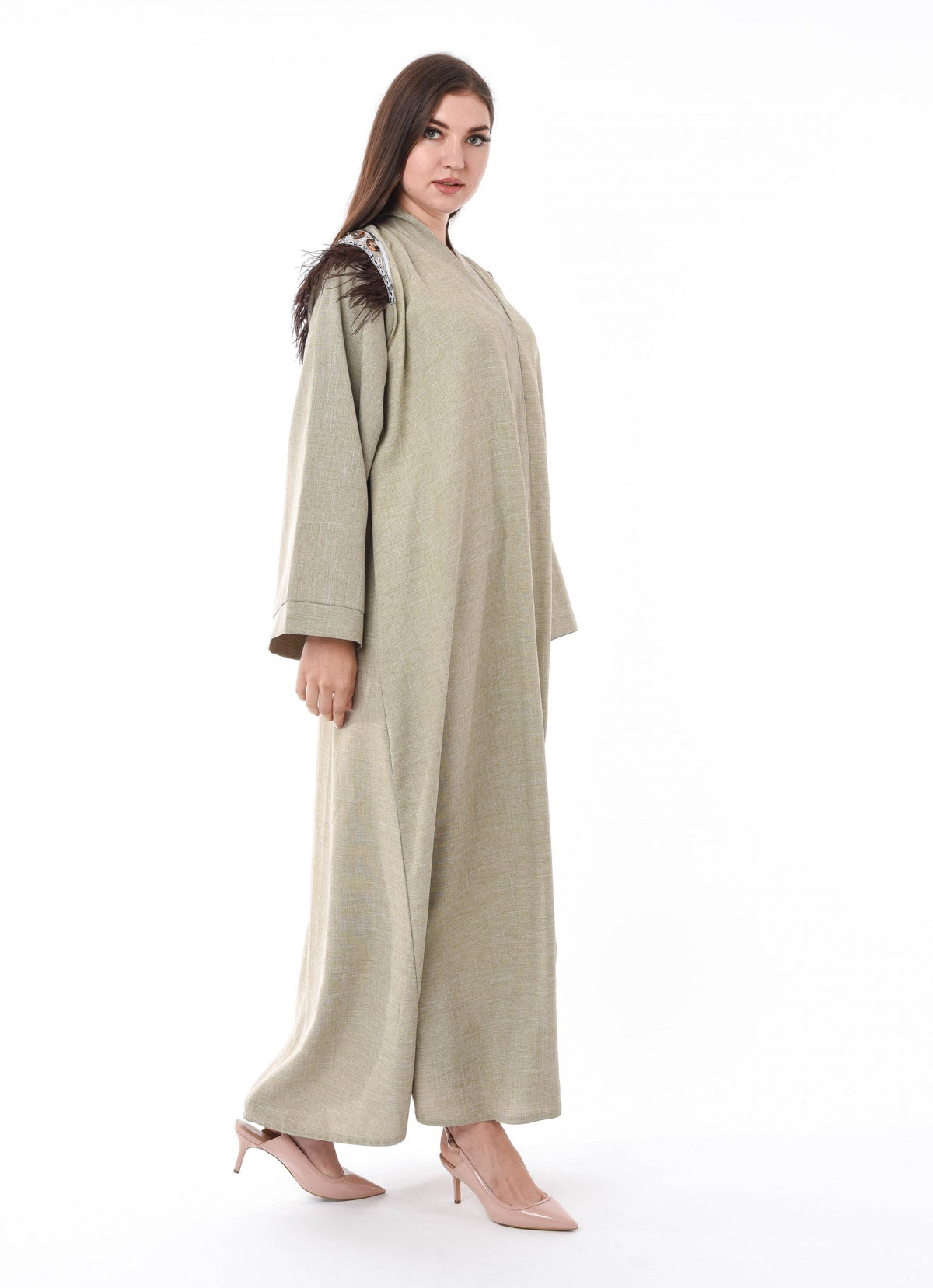 MOiSTREET Beige Feather Detail Abaya
