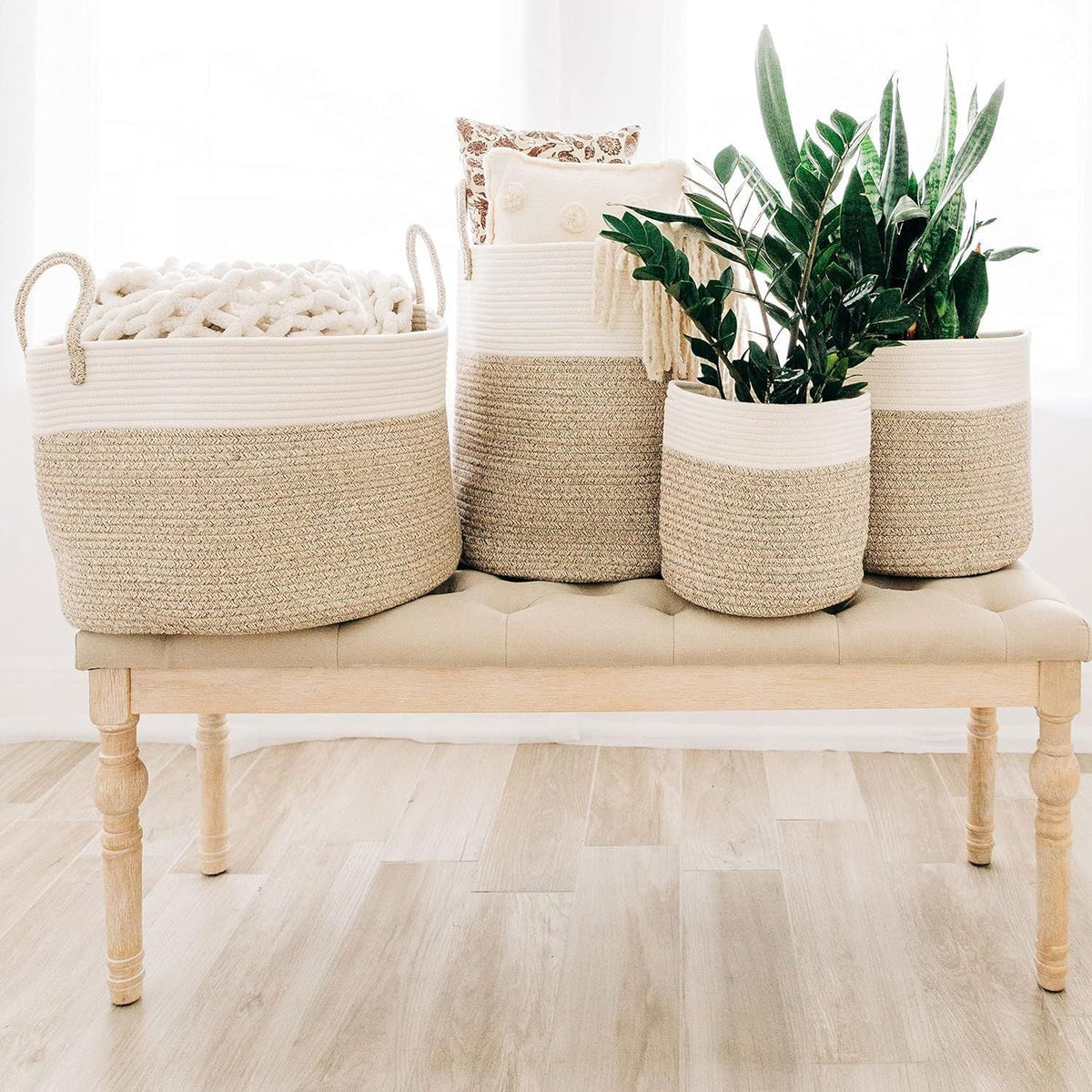 2Pcs Mini Woven Jute Cotton Rope Plant Storage Basket