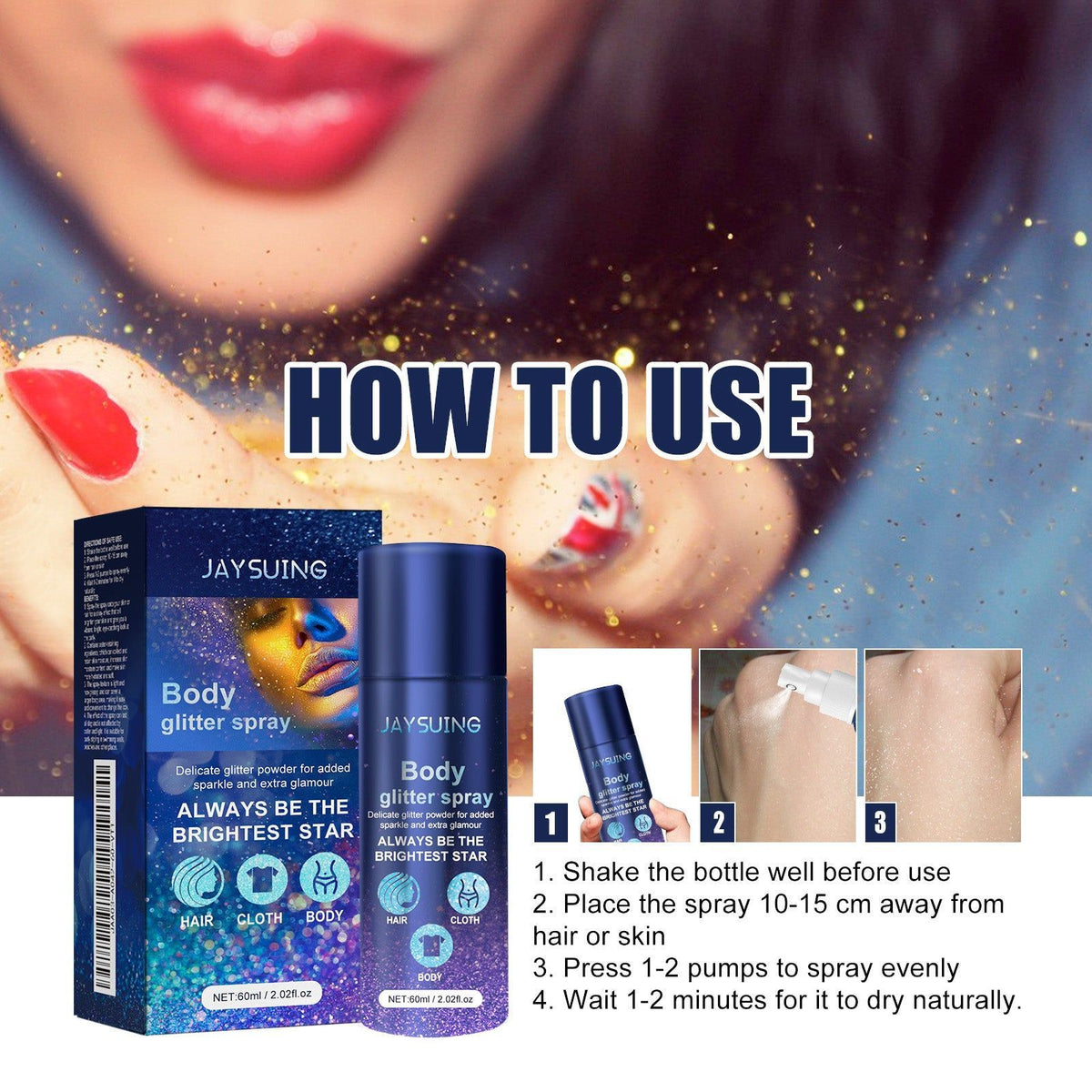 Body Shine Glitter Spray, Party Glow Highlighter, Vibrant Skin & Hair ,60ml