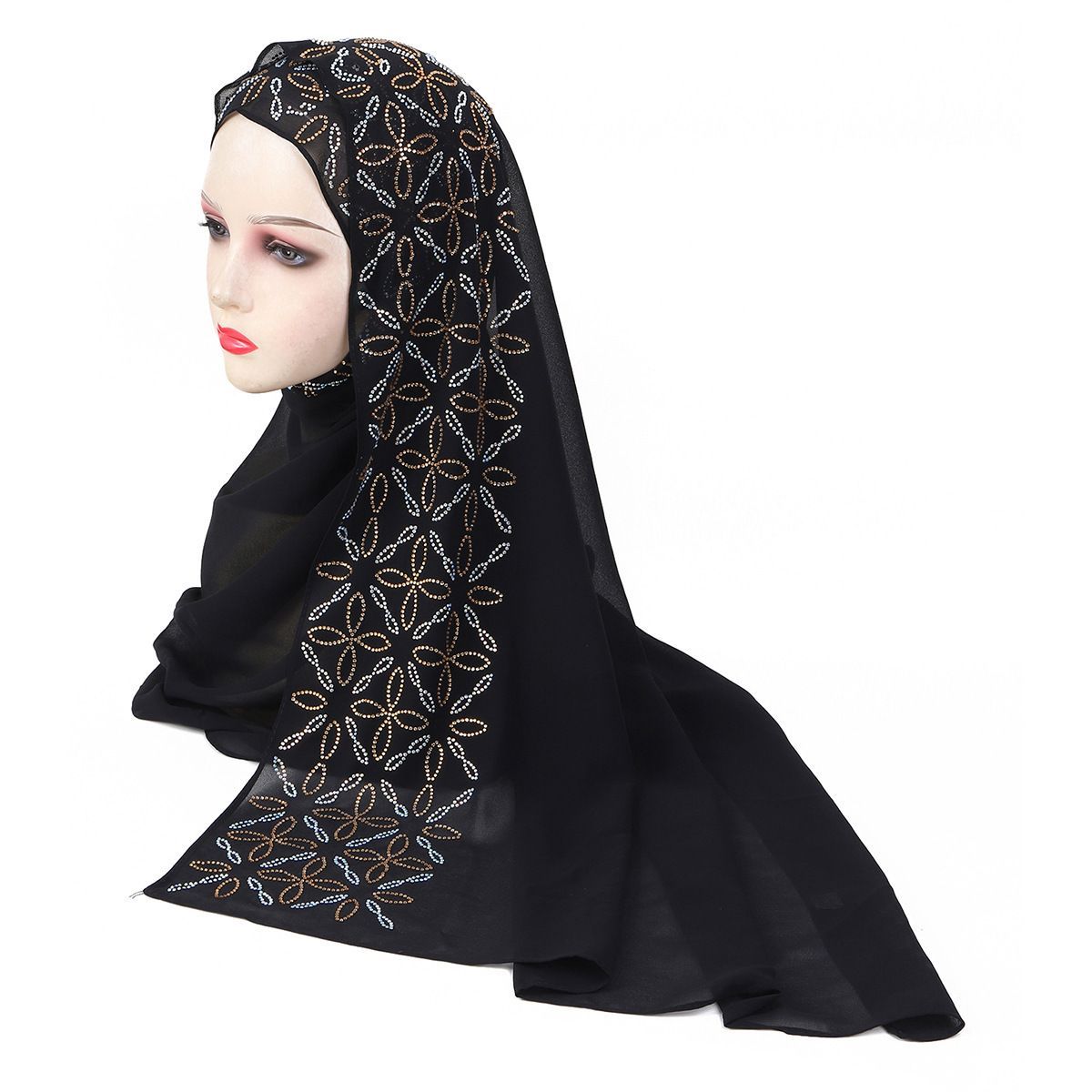 Red Rhinestone Chiffon Hijab Scarf for Women Party Wear