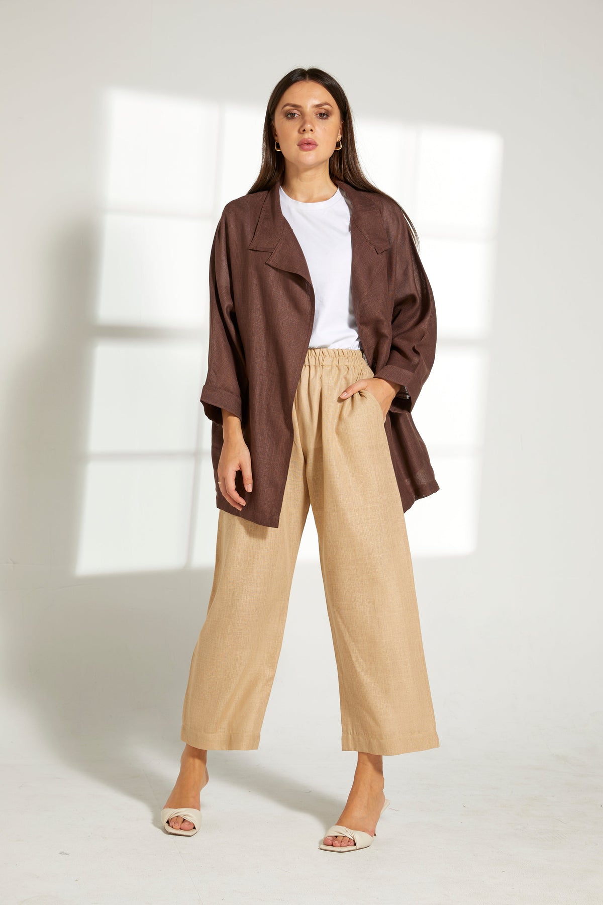 MOiSTREET Brown  Linen Top and Beige Pants Set