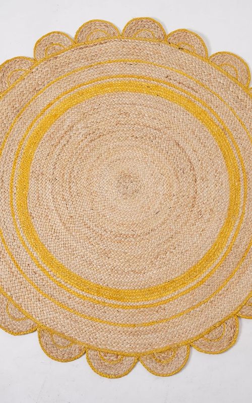 Handmade Round Jute Rug with Yellow Border | Scalloped Edge Area Rug