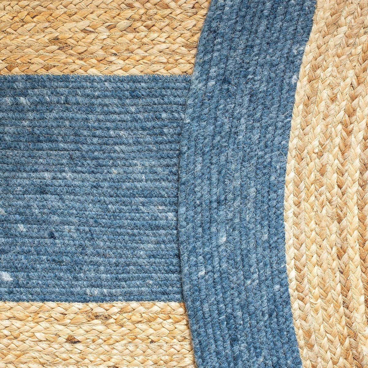 Navy Blue Border & Center Jute Round Rug | Dual Tone Handwoven Natural Area Carpet