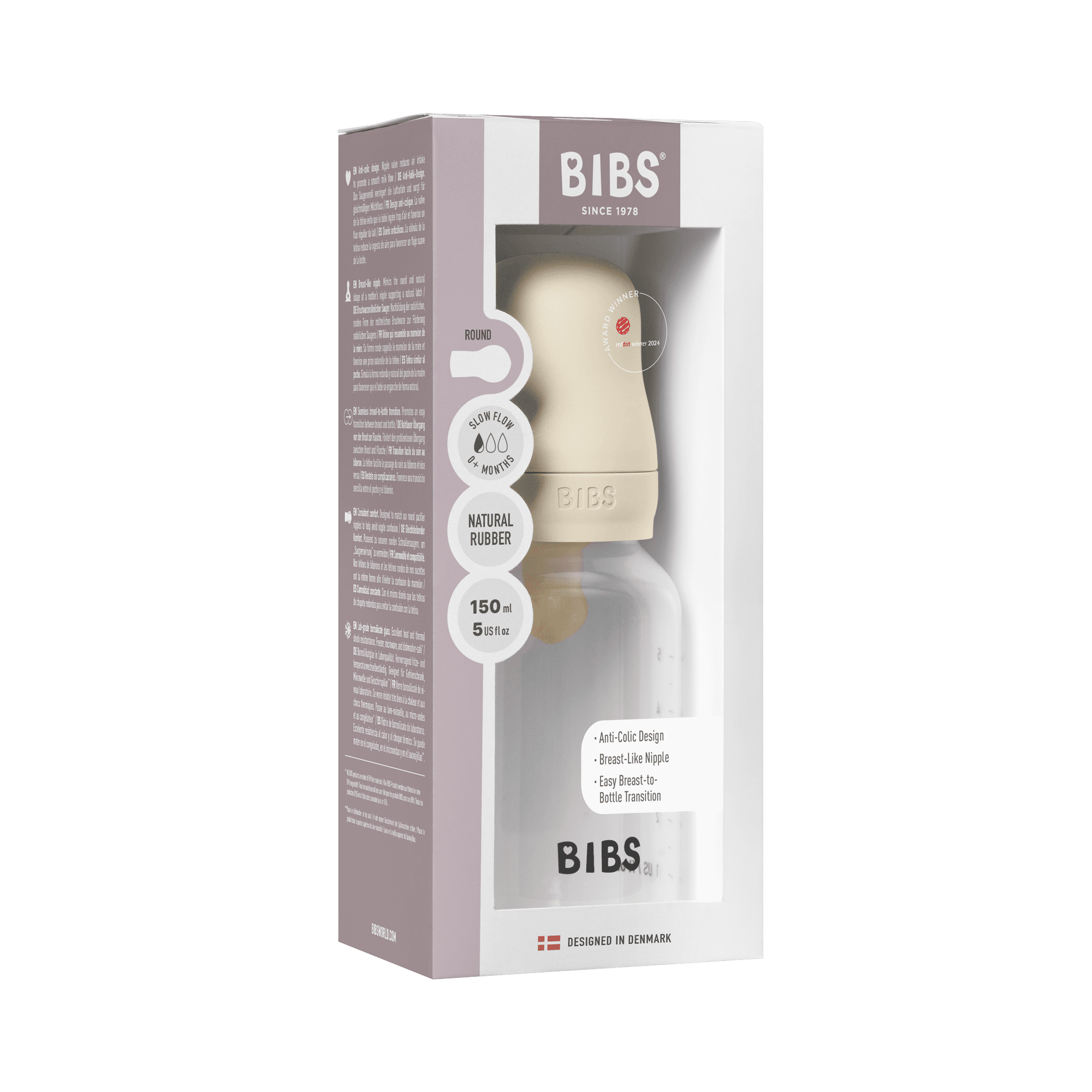 BIBS Baby Bottle with Round Latex Nipple – 150 ml Slow Flow | Ivory