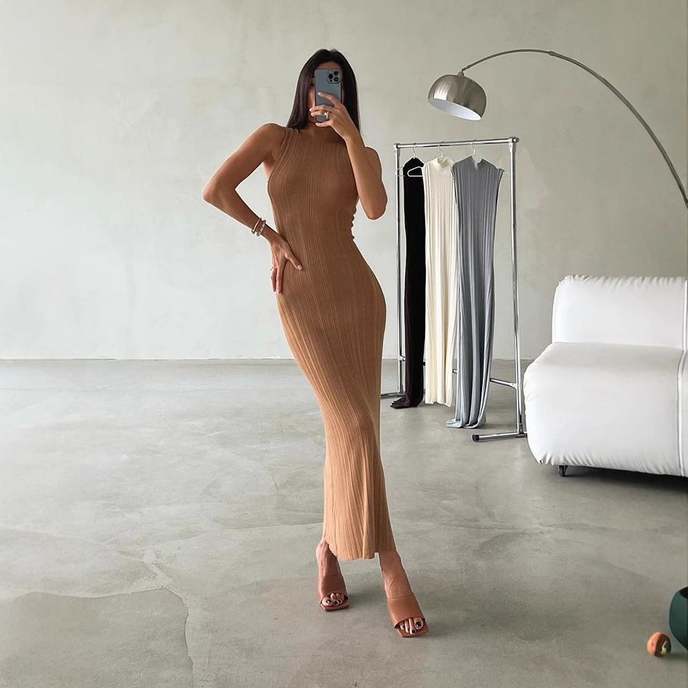 Women's Knitted High-Neck Sleeveless Bodycon Midi Dress