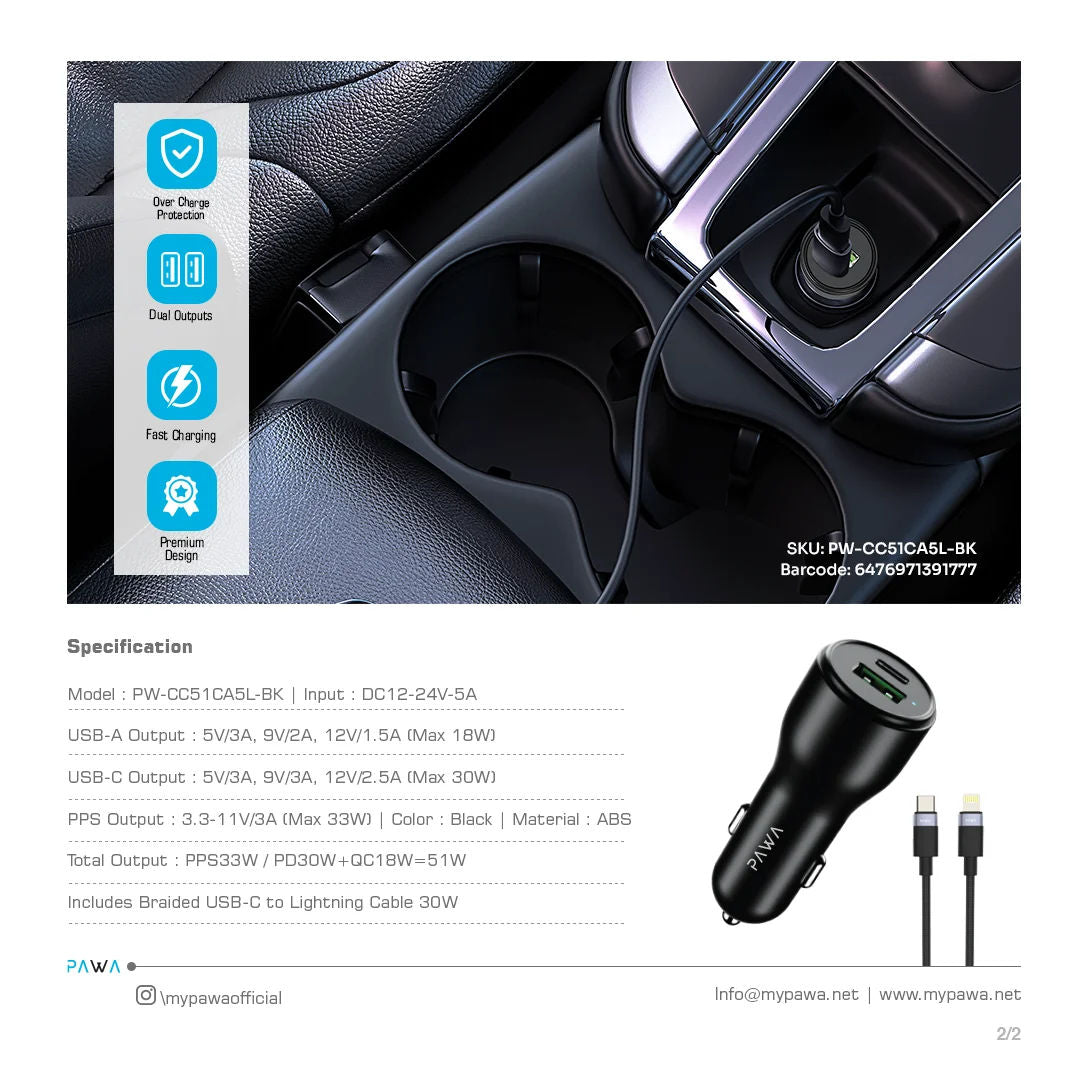 Pawa Solid Car Charger Dual Port PD+QC 51W With USB-C To Lightning Cable, Black
