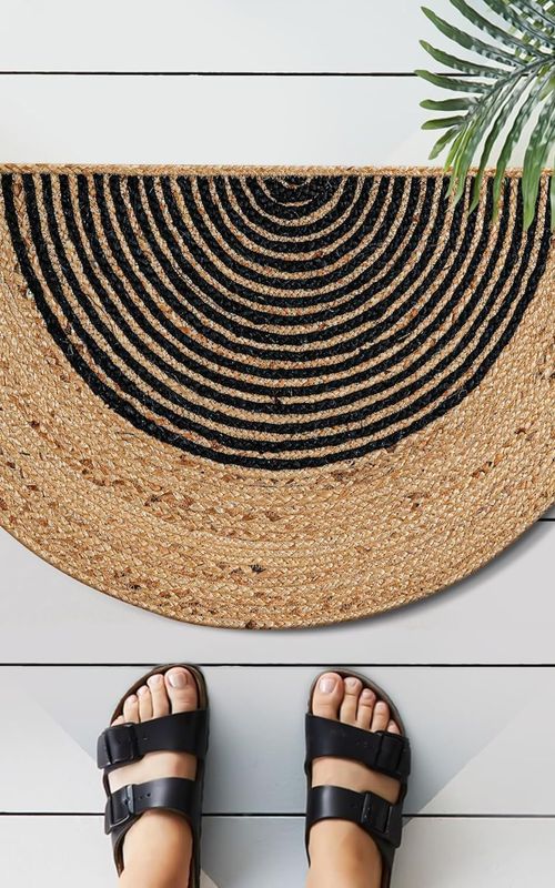 Reversible Braided Doorway Rug Eco-Friendly Half Circle 33" L for All Seasons (Beige/Black)