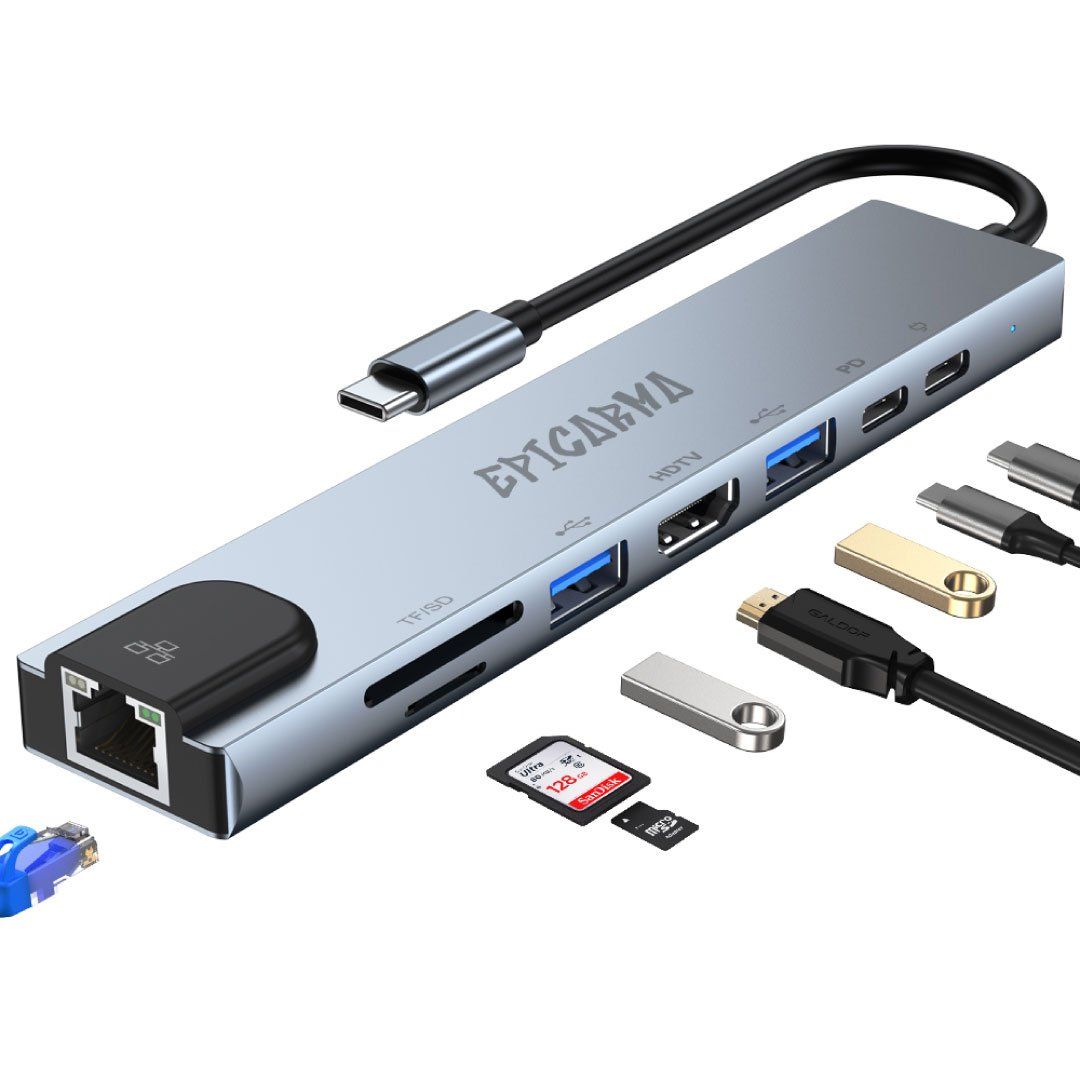 EPICARMA 8-in-1 USB-C Multiport Hub, Gray