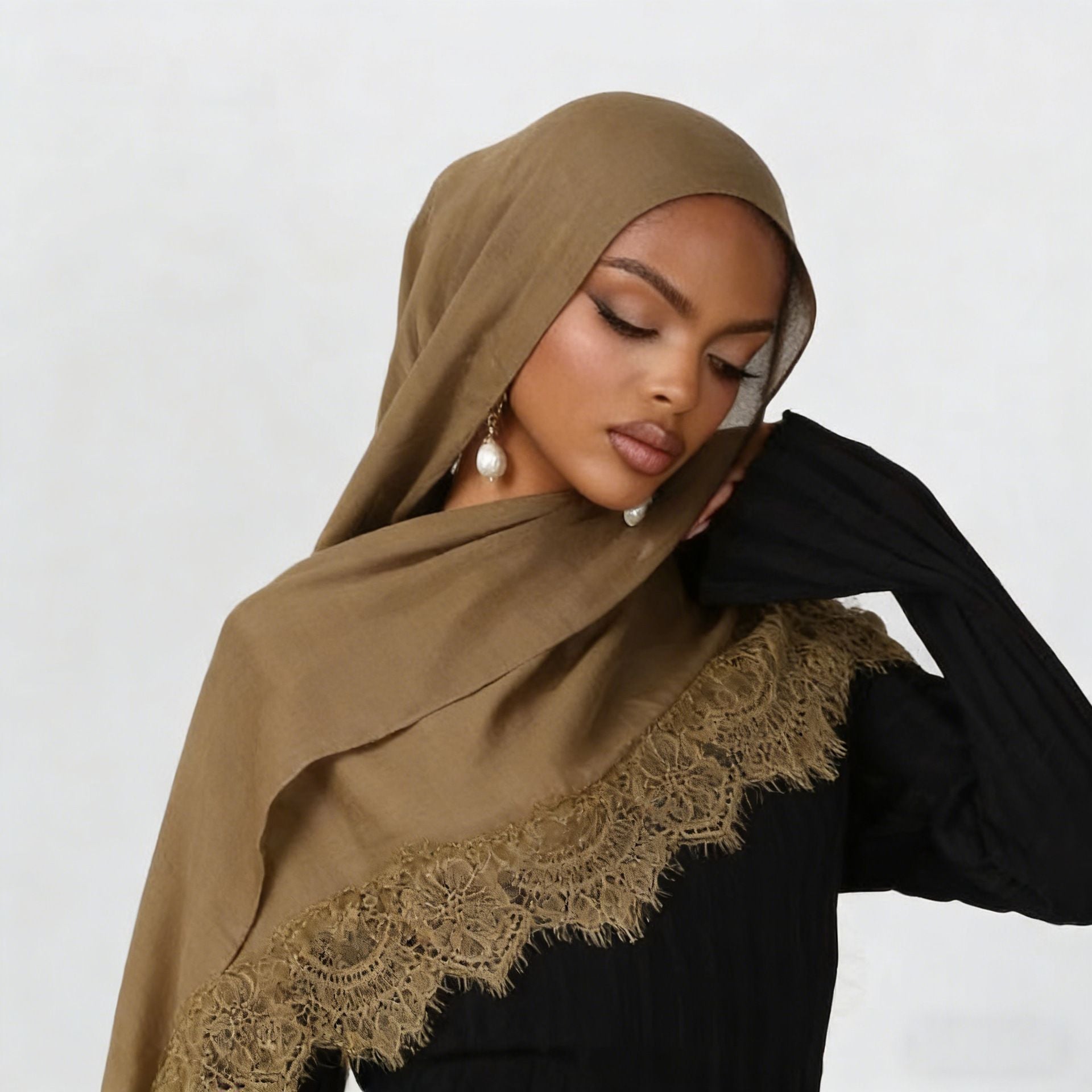 Black Cotton Lace Patchwork Hijab Scarf for Women