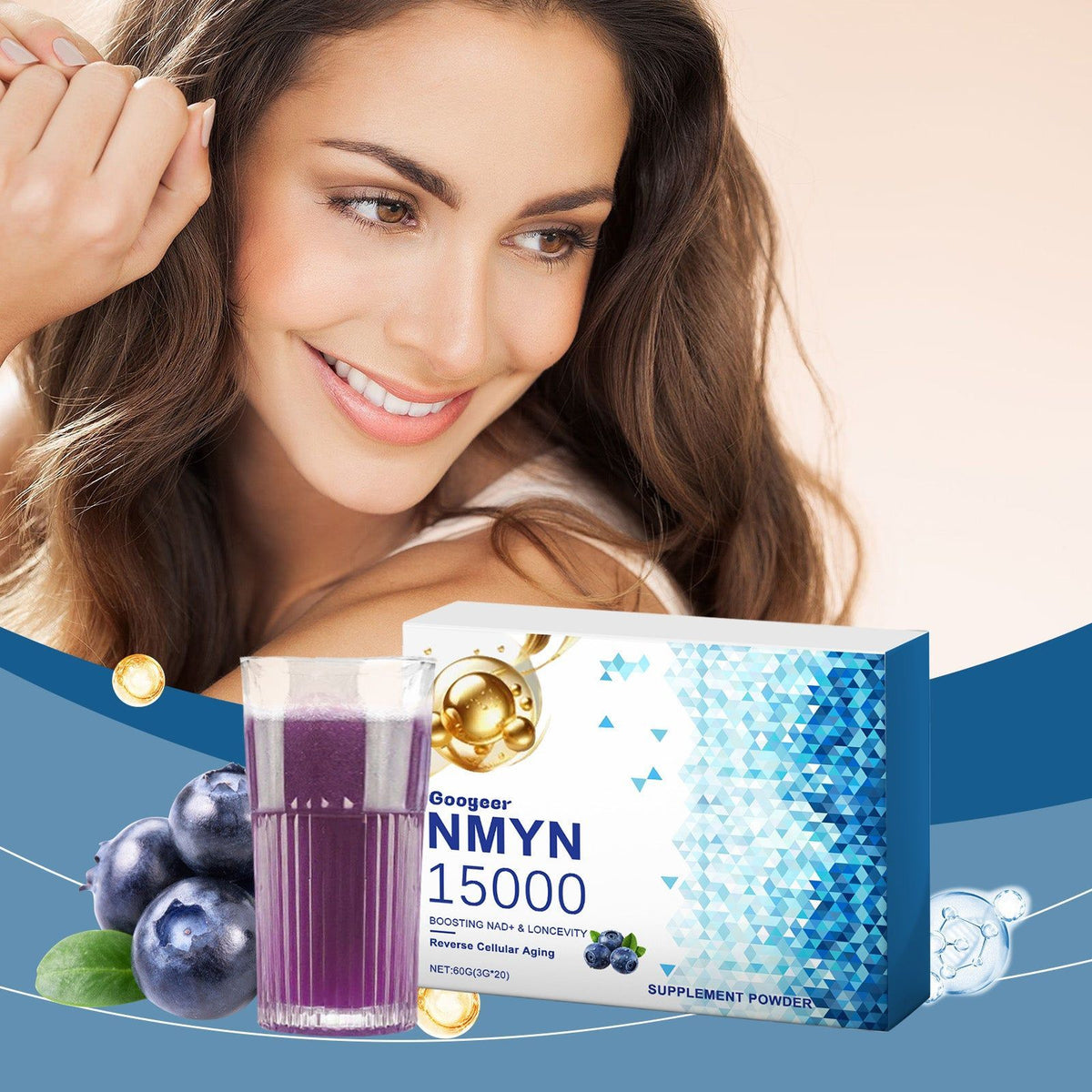 Body Care Supplement Powder, Energy Boost, Collagen, Blueberry Flavor, Vitality Support ,60g