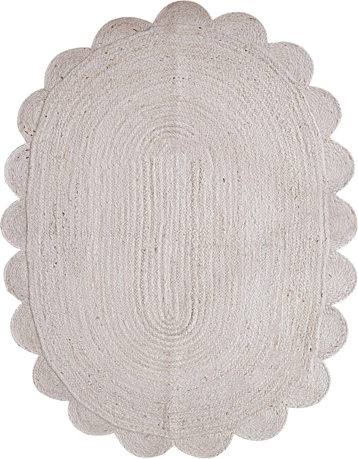 White Oval Jute Rug Scalloped Edge Handwoven Carpet | Natural Boho Floor Mat