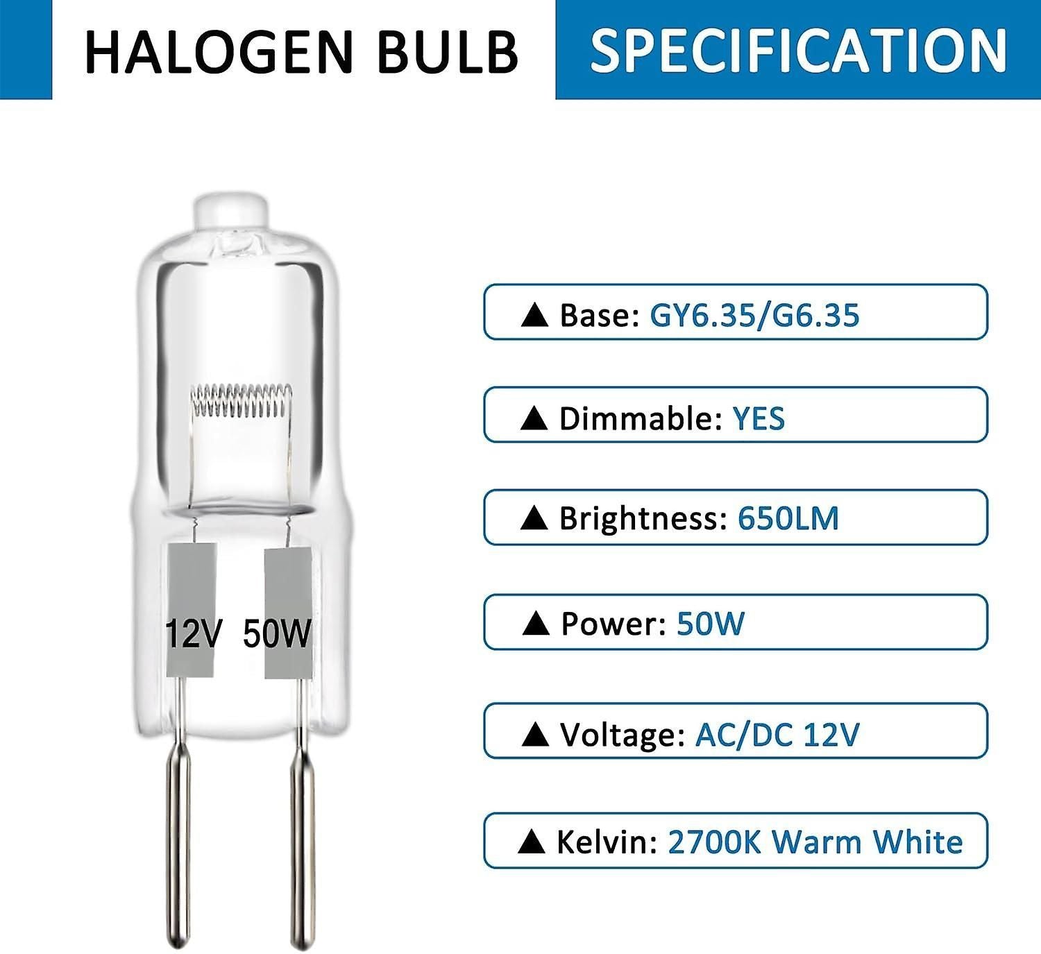 G6.35 Halogen Light Bulbs 2 Pin 12v 50w Dimmable, 650lm Warm White 2700k, Gy6.35 Halogen Capsule Bulb, For Chandeliers, Track Ligh