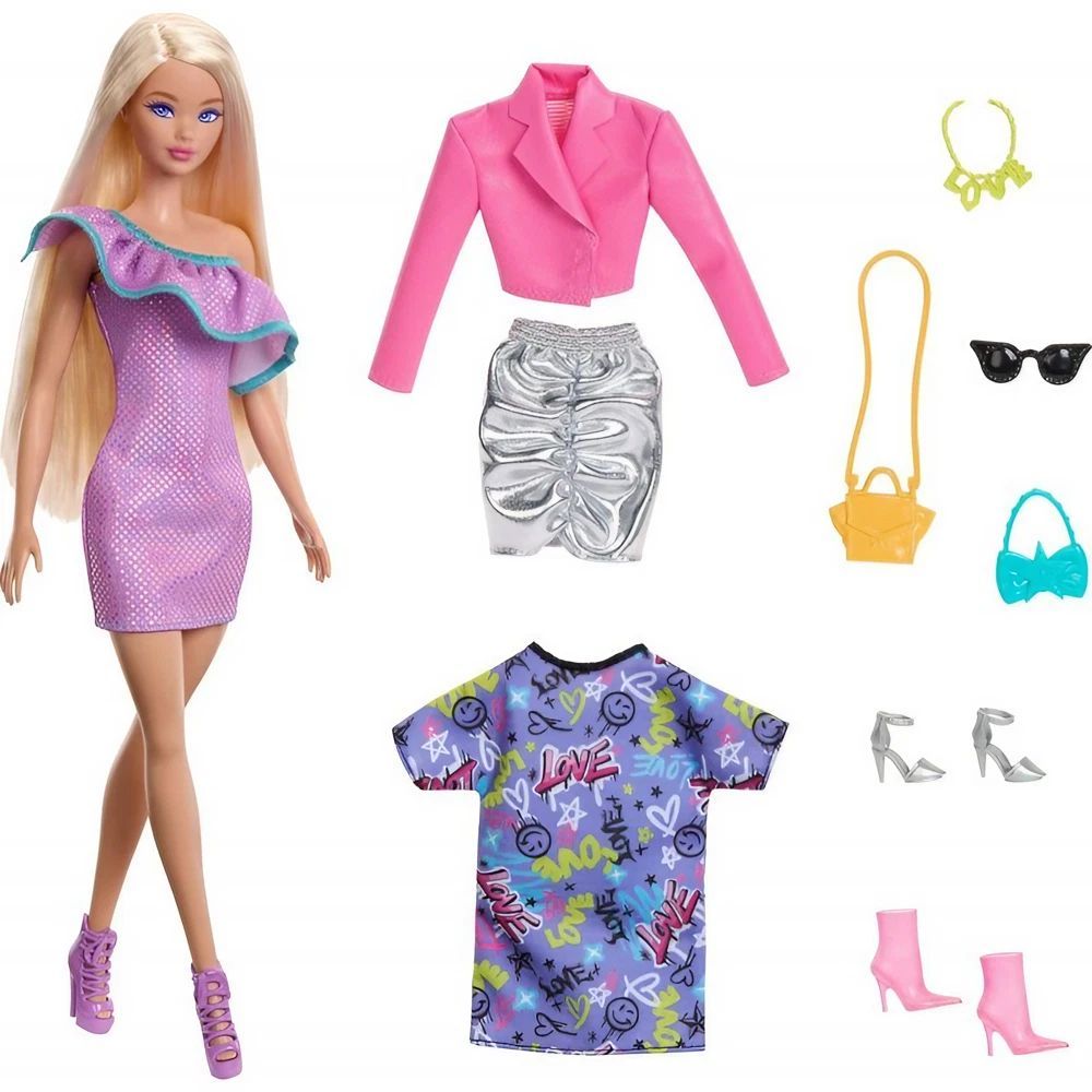 Barbie Doll with Clothes & Accessories, Blonde Fashion Doll with 3 Party-Themed Mix-and-Match Outfits, Dresses, Purses & Heels, 29cm