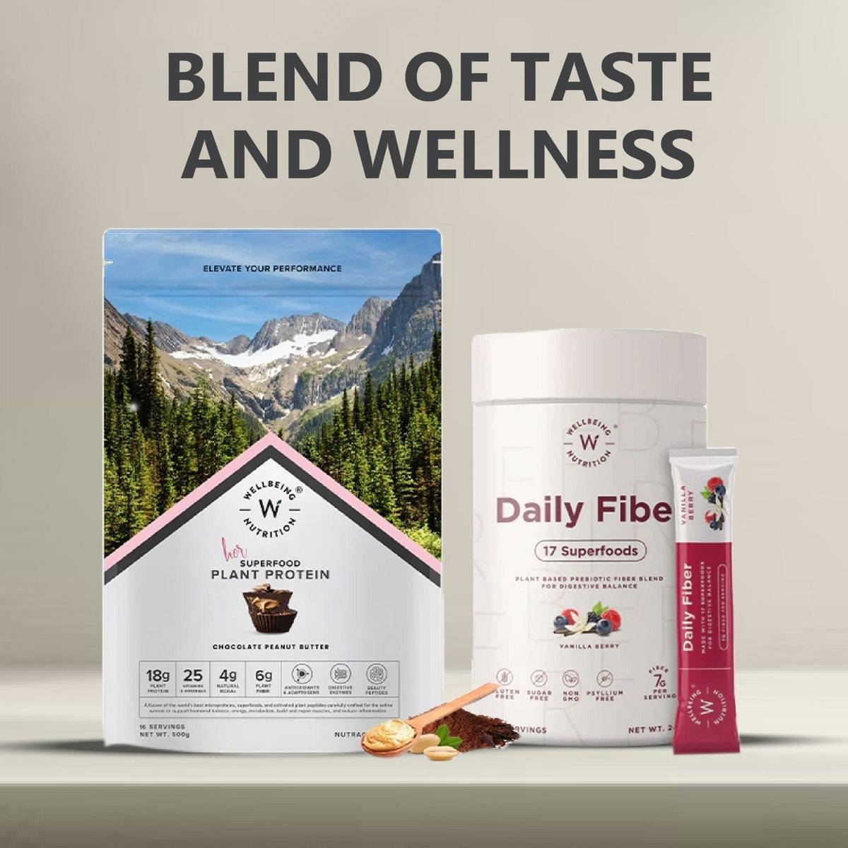 Well Being Nutrition Superfood Plant Protein Chocolate Peanut Butter and Daily Fiber Vanilla Berry Flavor