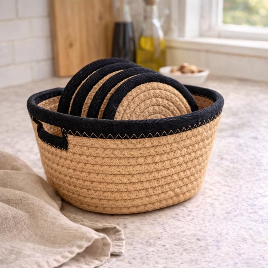 Woven Cotton Round Coaster Set of 4 with Storage Basket, Heat Resistant, 15 cm, Natural with Contrast Border (Beige/White)
