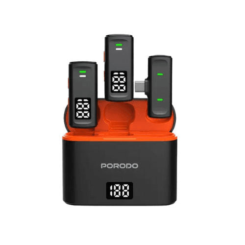 PORODO-Wireless Collar Double Microphone with Charging Case And lightning Adapter-Black
