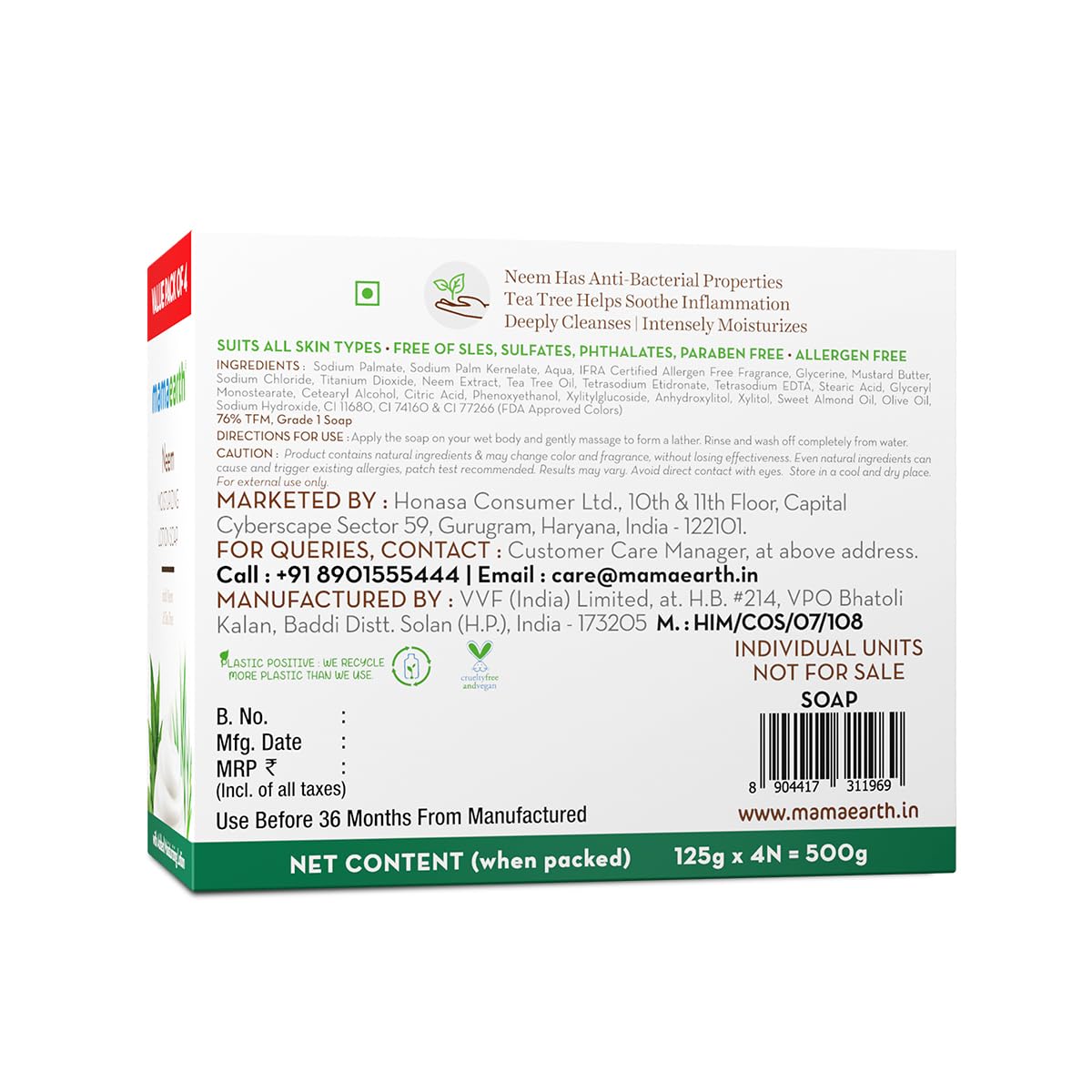 Mamaearth Neem Moisturizing Lotion Soap with Neem & Tea Tree (Value Pack Of 4) 125g x4