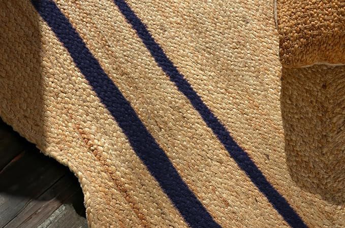 Scalloped Rectangle Jute Rug with Blue Border Lines | Handmade Natural Area & Runner Carpet