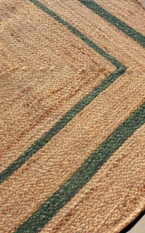 Scalloped Rectangle Jute Rug with Green Border Lines | Handmade Natural Area & Runner Carpet
