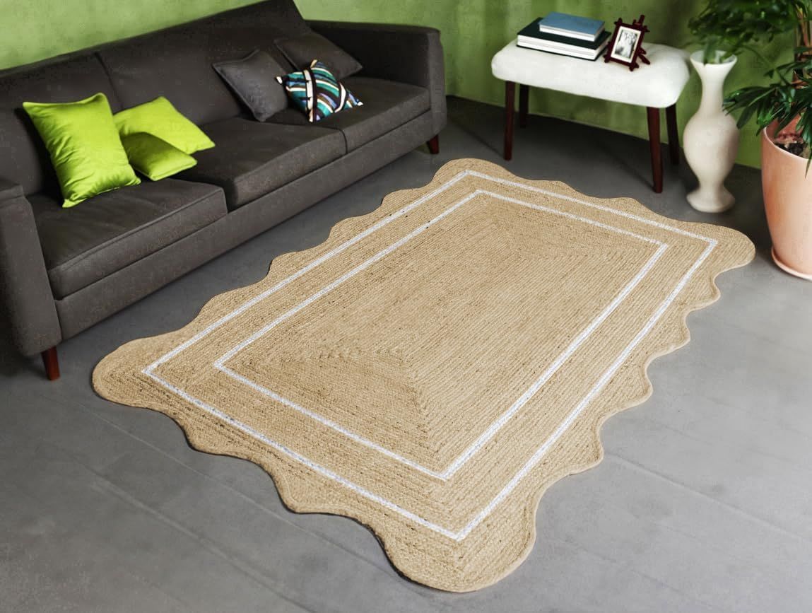 Scalloped Rectangle Jute Rug with White Border Lines | Handmade Natural Area & Runner Carpet