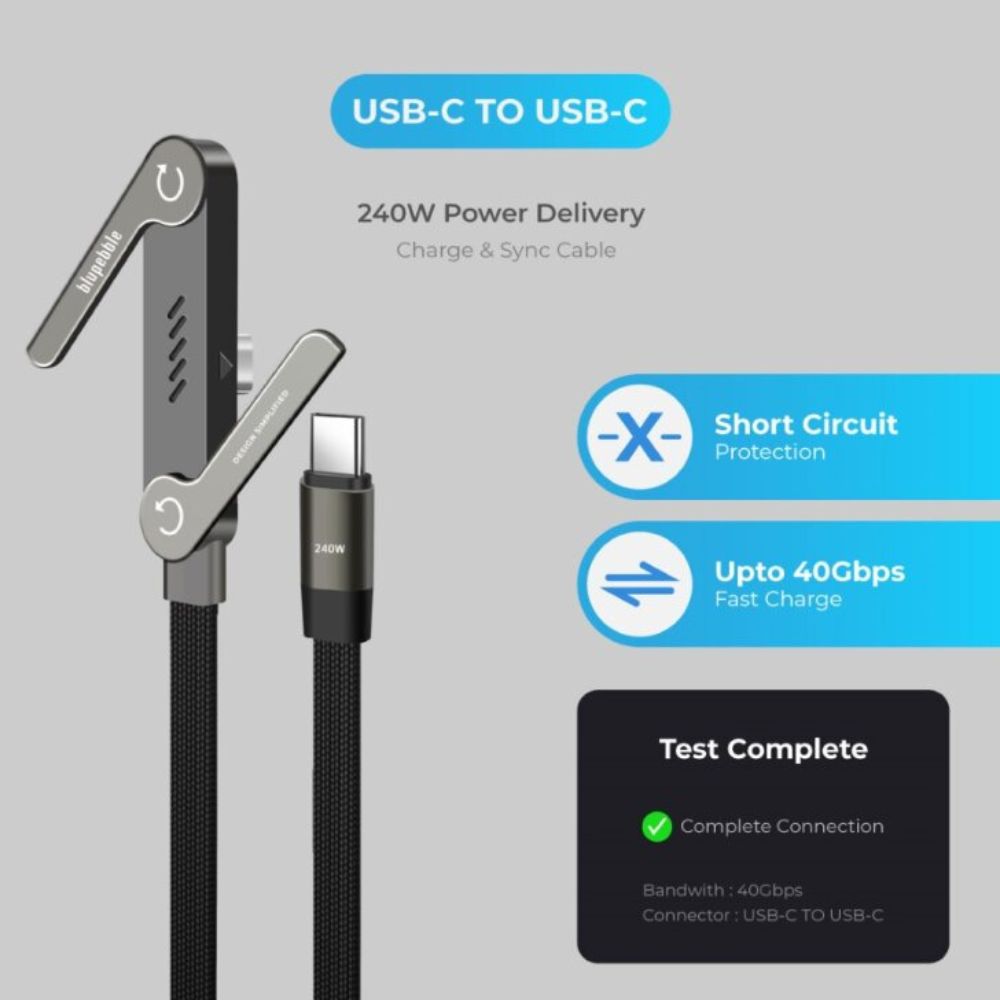 Blupebble PowerFlow USB-C to USB-C Flat Braided Cable With Stand, 40Gbps Data Transfer, PD 240W, Black/Grey