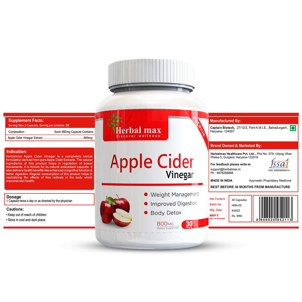 Herbal max Organics Apple Cider Vinegar, 30 Veg Capsules (800mg)