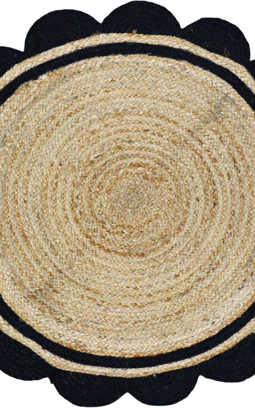 Natural Jute Round Area Rug with Black Scalloped Border – Handmade Eco-Friendly Floor Carpet for Living Room & Bedroom