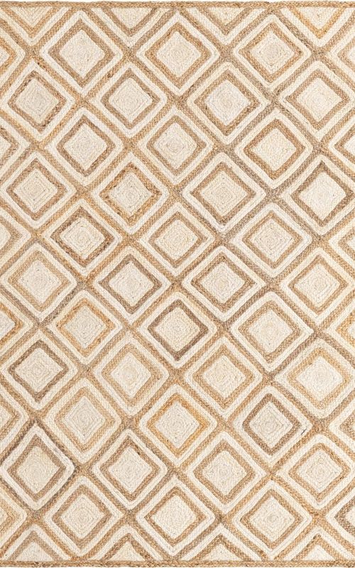 Rectangle Geometric Jute Rug in Ivory & Natural | Modern Handwoven Area Carpet