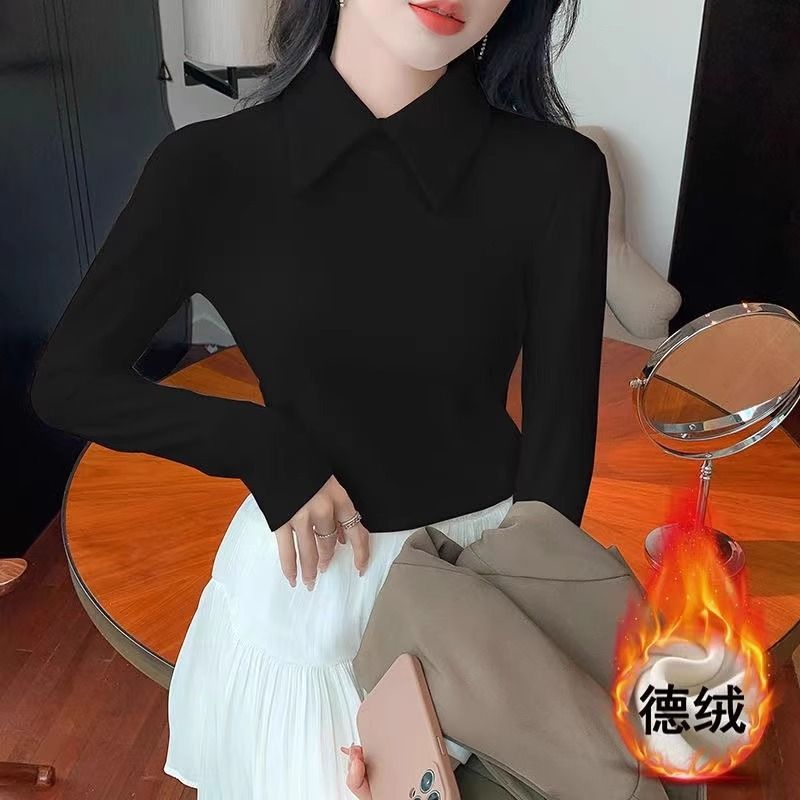 German Fleece Warm Polo Collar Long Sleeve Base Top For Women