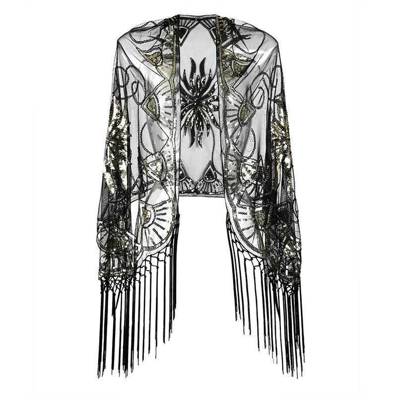 1920s Black Gold Sequin Fringe Shawl for Evening Party