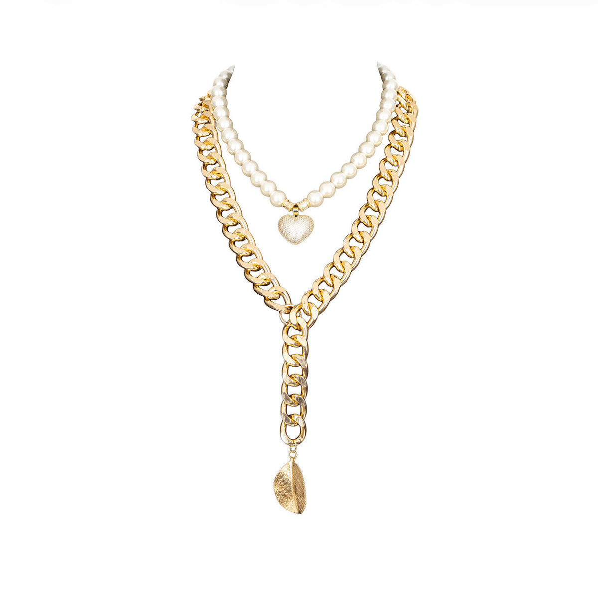 The Dark Layered Pearl and Gold Chain Necklace with Spike Pendant