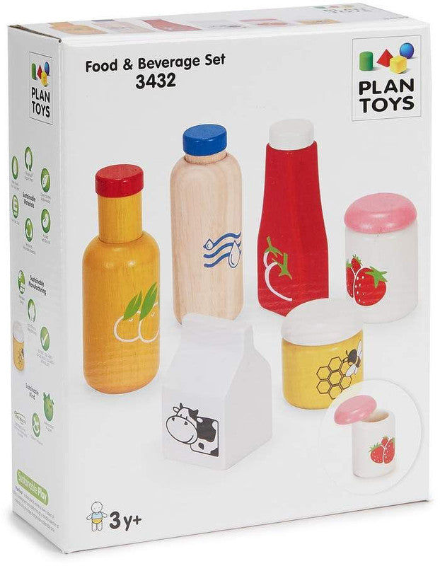 PlanToys Food & Beverage Set — Wooden Pretend Play Food