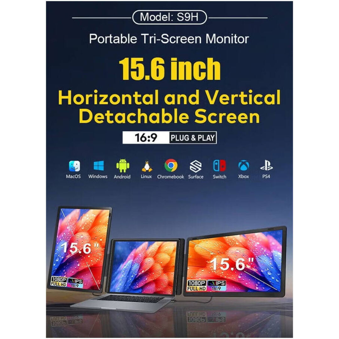 EPICARMA 15.6-Inch Portable Tri-Screen Monitor, Black